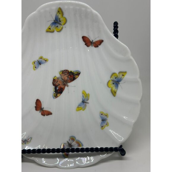 VTG Limoges France Porcelain Seashell Dish Hand-Painted Butterflies 9.25" White - Picture 2 of 7